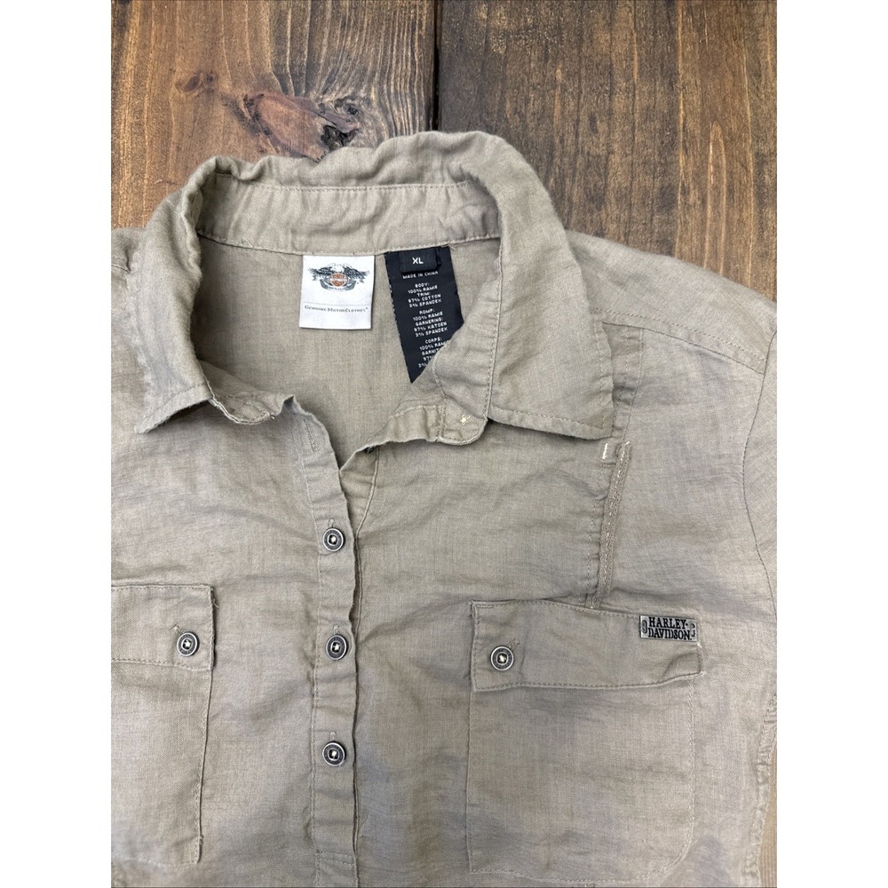 Women's XL Harley Davidson 1/2 Button Down Shirt Woven Sides Metal Buttons Logos - Picture 3 of 8